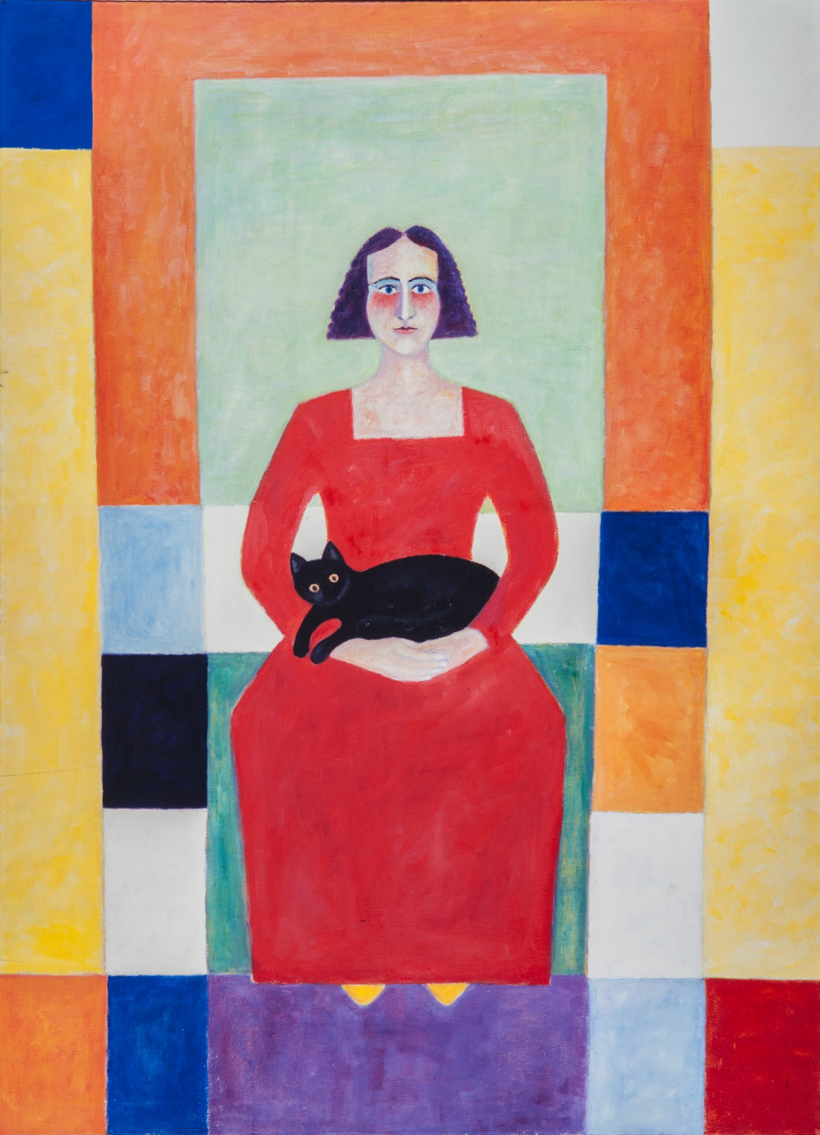 Monika mit Katze 1988 Öl auf Leinwand 110x140cm